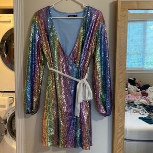 boohoo Rainbow Sequin Mini Wrap Dress